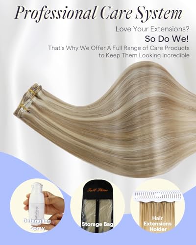 Image of Full Shine Thick Clip in Hair Extensions Real Human Hair, 22 Inch 220g 7Pcs | Dark Blonde Mix Light Blonde Highlights Clip ins for Women, Invisible Straight Hair for Volume, Long Layered Styles
