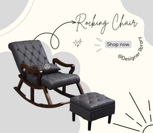 Image of Solid Sheesham Wood Rocking Chair for Living Room with Footrest and Pillow | Ergonomic Resting Chair with Ottoman for Relaxing and Pregnant Women (Grey)
