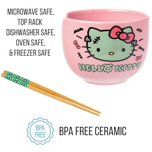 Image of Silver Buffalo Sanrio Hello Kitty Spooky, Ramen Bowl with Chopsticks, 20oz | Halloween, Frankenstein, Ceramic, Microwave Safe, Noodle Rice Bowl, 0.59 Liters