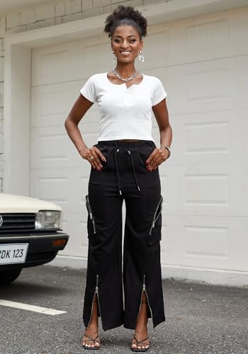 HuiSiFang Womens Baggy Cargo Pants High Waisted Casual Wide Leg Slit Drawstring Trousers with Pockets2