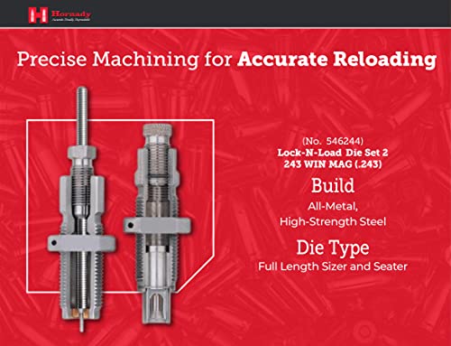 Hornady Custom Grade New Dimension 2-Die Set, 243 Win (.243) (546244) - Caliber Specific Reloading Equipment For Handloaders With Full Length Sizer Die, Seating Die, Sure-Loc Rings, & Storage Box #TOP3