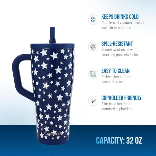 Image of Ice Shaker 32 oz Tumbler with Handle and Straw | 32oz Star Spangled | Cold for 30+ Hours | 2-in-1 Tumbler Shaker Bottle | Odor-Free 32 ounce Bottle for Water, Protein Shakes, Smoothies, Cocktails