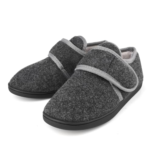 TIESTRA Mens Terry Cloth Slippers Breathable Indoor/Outdoor House Shoes Winter Warm Fuzzy Cozy Memory Foam Diabetic Edema Swollen Comfortable Adjustable Closed-Back Boots Slipper black EU46/US13