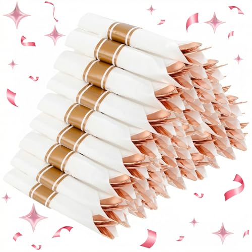 Supernal 240Pcs Rose Gold Plastic Silverware Set with Napkins - Pre Rolled Disposable Cutlery (60 Forks 60 Knives 60 Spoons) - Heavy Duty Utensils for Wedding Bridal Shower & Elegant Parties