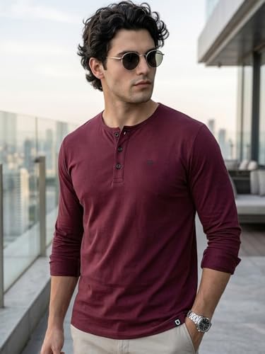 Image of Urbano Fashion Men's Solid Henley Neck Slim Fit Full Sleeve Cotton T-Shirt