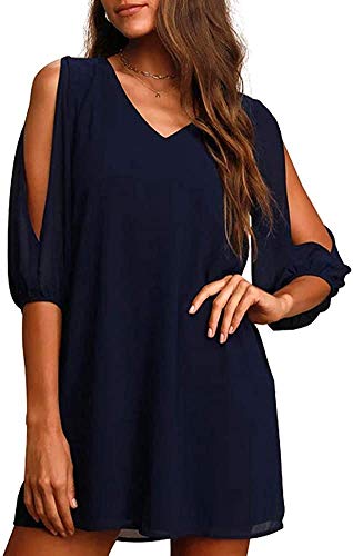 Brosloth Robe Femme Chic et Èlégante, Jupe D'été Casual en Mousseline à Épaules Dénudées, RobeBohèmes Taille Haute à Manches Longues, Mini Col V Robe de Cocktail Bleu Marin S