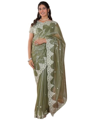 Image of Satrani Women's Net Embroidery Saree with Unstitched Blouse Piece