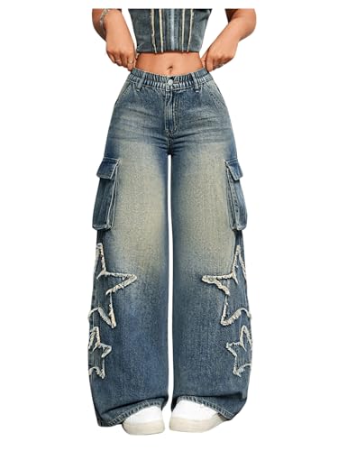 SHENHE Women's Low Waisted Wide Leg Cargo Jeans Star Denim Pants Loose Y2k Baggy Jeans Streetwear - Main Image