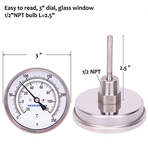 Measureman Fully Stainless Steel Pot, Kettle, Brewing Bimetal Thermometer, 3" Dial, 2-1/2" Stem, 0-250 Deg F/-20-120 Deg C, +/-1% Accuracy, Adjustable, 1/2" Npt Back Mount #TOP6