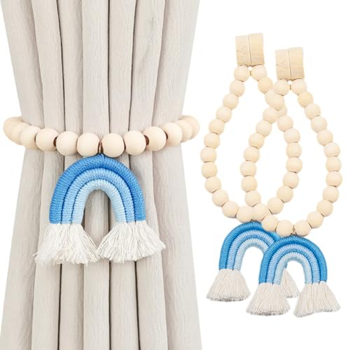 Vawolecy Magnetic Curtain Tiebacks Holders with Wood Bead & Rainbow Tassel Pendant - Boho Home Decor, 2 Pack (Tricolor Bohemian Style)