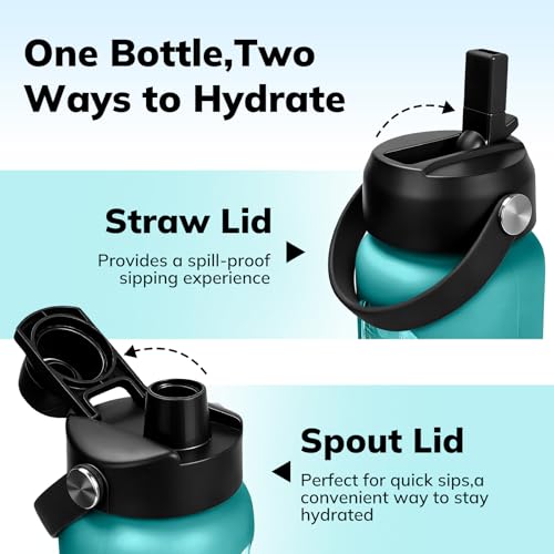 Image of Aqulea 32 oz Glass Water Bottle with 2 Lids - Spout & Straw Lids, 1L Motivational Borosilicate Glass Water Bottle with Time Marker & Silicone Sleeve, Leakproof (Aqua)