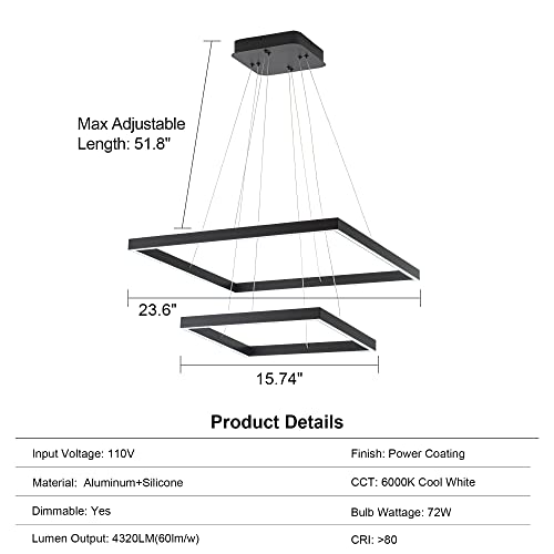 Welaki Modern Square Led Chandelier Lighting, Square Led Pendant Ceiling Light Fixture, 2-Ring Dimmable Contemporary Chandelier For Living Dining Room, Bedroom, Black 6000K Cool Wihite 72W #TOP3