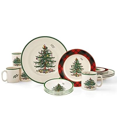 Spode Christmas Tree Tartan Dinnerware Set, 16-Piece Dish Set, Service for 4, Dinner and Salad Plates, Coffee Mugs, and Cereal Bowls, Holiday Dishes, Dishwasher Safe