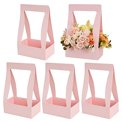 BEISHIDA 5 PCS Pink Flower Bouquet Boxes Craft Paper Gift Bags with Handle for Bouquet Packaging Floral Wrap Florist Supplies Basket Graduation Wedding Valentine Gift Crafts(8 x 4.7 x 12.6 in)