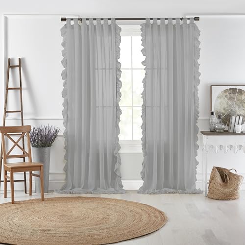 Elrene Home Fashions Bella French Country Cottage Core Tab-Top Ruffle Sheer Window Curtain, 52 in x 84 in (1 Panel), Charcoal