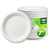 Wrapley 7-Inch Compostable Paper Plates, 125 Pack Durable White Plates Disposable, Sugarcane Bagasse Biodegradeable Desert Plate for Parties, Events & Restaurants - Microwave Safe