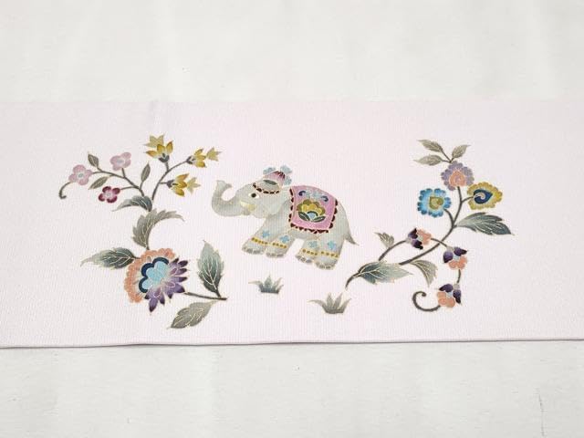 極上 岡重謹製 OKAJIMA 九寸名古屋帯 象 更紗花文 金彩 鴇鼠色地 逸品