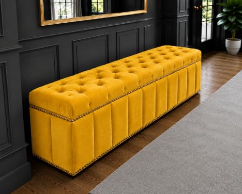 Image of Tufted Velvet Storage Ottoman Bench with Nailhead Trim (Yellow) | Storage Ottoman bench
