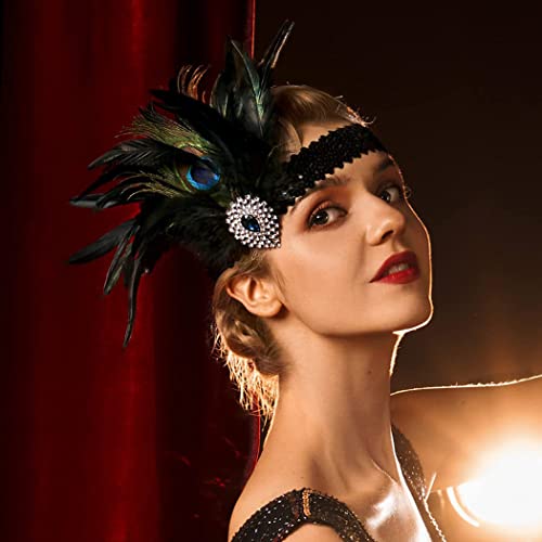 IYOU Feather Gatsby Headpiece Black Rhinestone 1920s Flapper Headband Prom Costume Wedding Hair Accessories for Women - Image 3