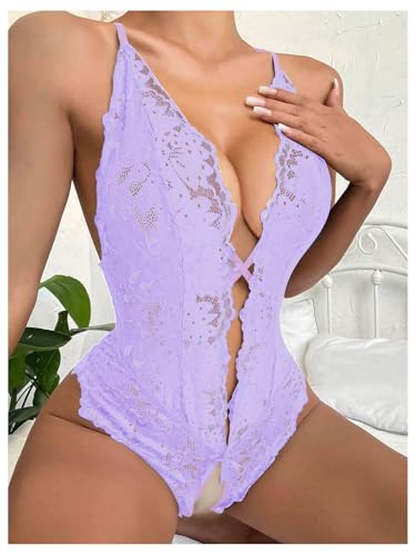 Image of SOLY HUX Women's One Piece Lingerie Sexy Lace Babydoll Deep V Teddy Criss Cross Backless Teddy Mini Bodysuit