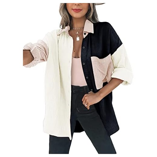 Dokotoo Women's Comfy Color Block Button-Up Shirt, Roll-Up Long Sleeve, Oversized Boyfriend Top - Black M