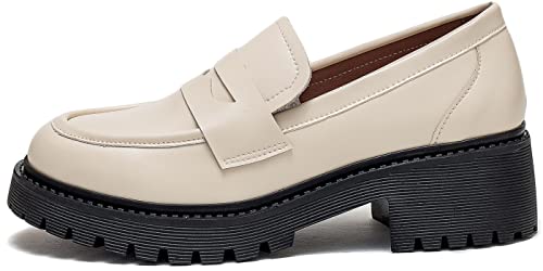 Image of Women's Classic Simple Mid Heel Oxfords Penny Loafers Comfortable Slip On Dress Shoes