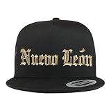 Trendy Apparel Shop Old English Nuevo Leon Gold Embroidered 5 Panel Flatbill Trucker Mesh Cap- Black