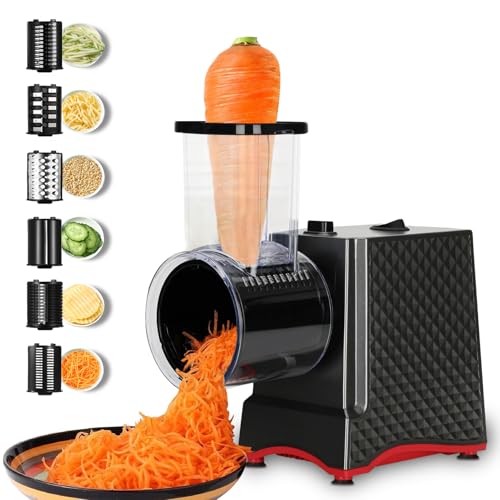 SIXRARI - Electric Cheese Grater with 5 Stainless Steel Blades, Coarse, Fine, Slicer, Wavy Slicer and Grinder, Quick and Easy Food Prep