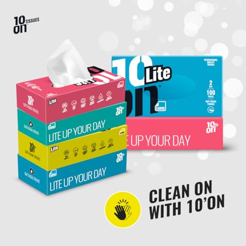 Image of 10on Lite 2 Ply Soft Facial Tissue Paper,Large Size Napkins, Pack of 4 (100 Pulls x 4 Box = 400 Pulls), Box Color May Vary
