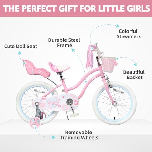 Image of Glerc Petal Girls Bike 12-18 Inch for Ages 2-9, Kids Bike with Training Wheels, Basket & Streamers, Princess Style Kids Bicycle, for Girls