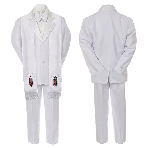 Image of New Born Baby Boy Baptism White Notch Lapel Suit Silver Guadalupe On Stole SM-20