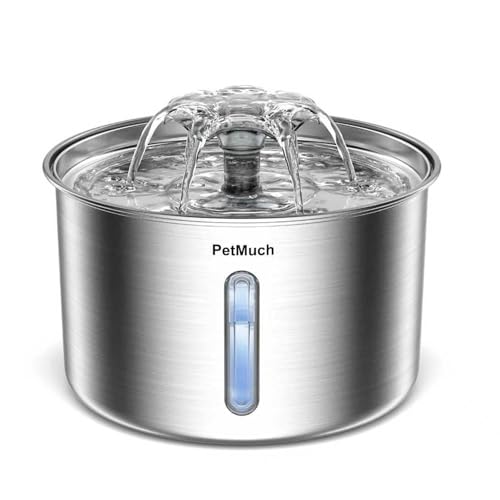 Petmuch Cat Water Fountain Stainless Steel, 102oz/3L Automatic Pet Water Fountain for Cats & Small Dogs,Ultra-Quiet Pump with White led Light, Water Level Window