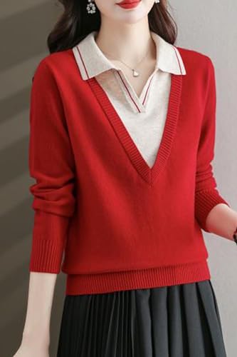 LAI MENG FIVE CATS Women's Polo Contrast Collar Sweater Casual Ribbed Knit Shirt V-Neck Tunic Pullover Top3