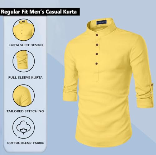 Image of Zombom Men's Cotton Blend Solid Casual Regular Fit Mandarin /Chinese Collor Short Full Sleeve Kurta for Men