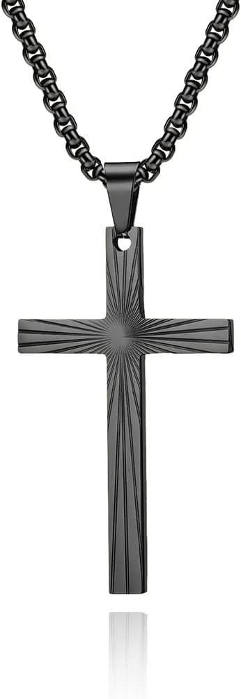 Men Cross Necklace,Stainless Steel Silver/Gold/Black Pendant Necklace Jewelry，60cm Rolo Chain
