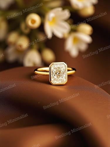 Solitaire Moissanite Ring for Women Radiant Cut14K Solid Gold Ring Bezel Set Tarnish - Free Ring Engagement Jewelry Minimalist Birthday Gifts Holiday Anniversary,4
