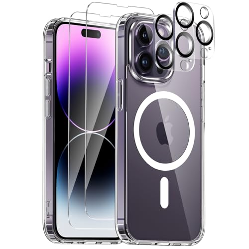 COPIKE Coque Magnétique pour iPhone 14 Pro avec 2 Verres Trempés et 2 Caméra Protecteur, Compatible avec MagSafe, Étui Aimantée [Anti-Jaune et Antichoc] Anti-Rayures Dos PC et Bumper TPU, Transparente