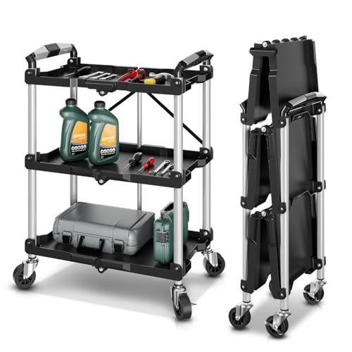 Auto Dynasty 3-Tier Folding Utility Cart with Wheels Lockable, 265LB Heavy Duty Collapsible Service Cart Foldable Rolling Carts for Home, Garage, Warehouses, Restaurants, Workshops