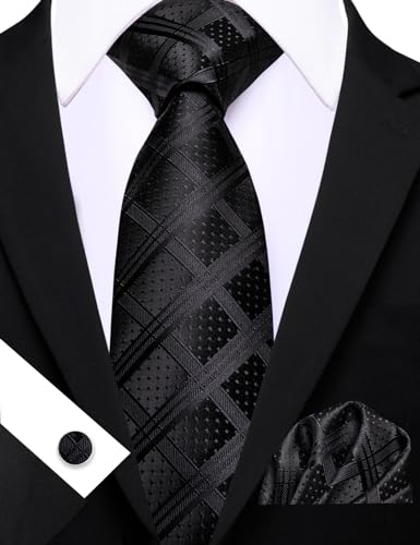 Image of Barry.Wang Designer Classic Ties for Men Set Formal Pocket Square Cufflink Check Plaid