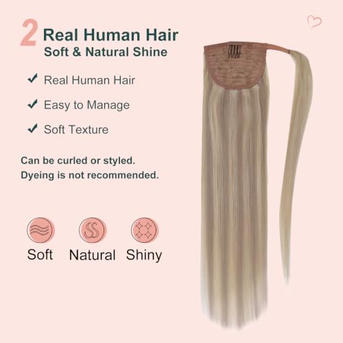 Image of Easyouth Pony Tail Extensions, 18 Inch 80G, Blonde Human Hair Ponytail Extension, Ash Blonde Highlight Blonde, Real Hair Ponytail Extension, Lightweight Wrap Around Ponytail Hair for Women
