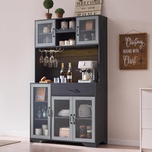 Image of Fatmok 71 inch Pantry Cabinet with Wine Rack and Charging Station, Set of 2 Tall Coffee Bar Cabinets with LED Lights, Drawer, Adjustable Shelves, Kitchen Hutch Storage, Grey