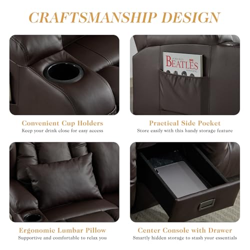 Image of Loveseat Recliner Sofa with Flip-up Console,RV Wall Hugger Recliners for Small Spaces,Reclining Loveseat Sofa Recliner with Cup Holders /Lumbar Pillows,RV Furniture (PU Brown, 68 inch 2-Seater)