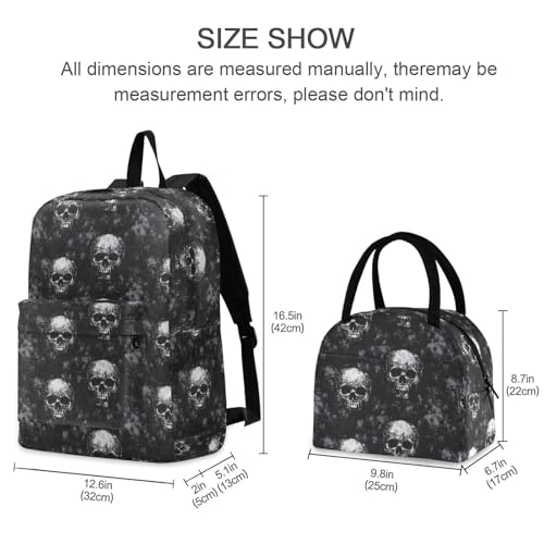 Skulls Black Print Backpack Set with Lunch Bag, Large Capacity Travel Backpacks and Lunch Box Insulated for Commute Hiking Picnic2