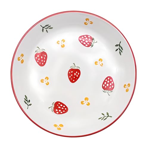 Plato de porcelana con diseño de fresas, Apto para diversas frutas, ensaladas, postres, pasta y carne, Apto para microondas y horno