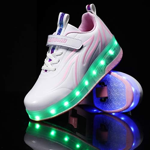 Children's Rolling Shoes Unisex LED Light 7 Colors USB Rechargeable Double Wheels Skate Shoes Outdoor Sports Training Skate Shoes For Girls (Color : Pink, Size : 31EU