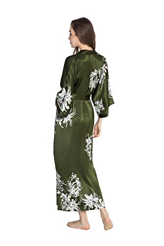 Kim+Ono Silk Kimono Robe Long - Floral Print, Yuri- Olive, 100 Percent Silk Robes For Women With Floral Design, Long Silk Robe 54 Inches In Length, One Size Fits Most. #TOP2