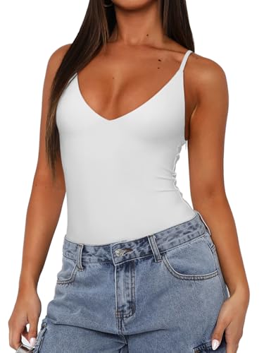 REORIA Women’s Sexy Trendy Open Back V Neck Spaghetti Strap Backless Trendy Cami Bodysuit Tops2