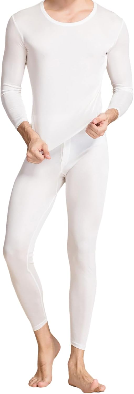 Men Silk Long Johns Thermal Underwear Round Neck Pajamas Mulberry Silk Long Johns Base Layer Top & Bottom Set