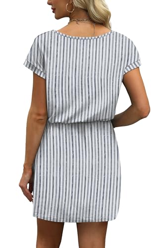 Image of OFEEFAN Summer Dresses for Women 2026 V Neck T Shirt Casual Mini Dresses Tie Waist Sundresses with Pockets