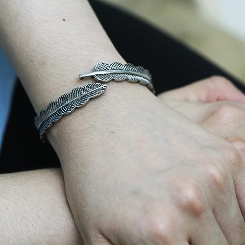 Innocence S925 Silver-Plated Antique Wide Feather Cuff Bracelet For Men Women Adjustable Retro Twisted Feathers Bracelets Gift Jewelry (Feather B) by Innocence - Used condition - Image 7